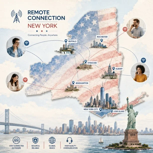 New York state outline with icons for mobile, office, remote team and call center connected to a central phone pin